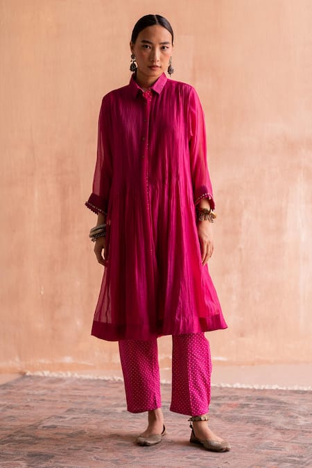 Swatti Kapoor Pink 40gm Chanderi Printed And Hand Embroidered Floral Mayur Shirt