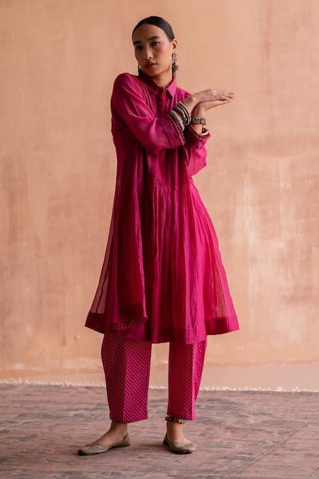 Buy_Swatti Kapoor_Pink 40gm Chanderi Printed And Hand Embroidered Floral Mayur Shirt  _Online_at_Aza_Fashions