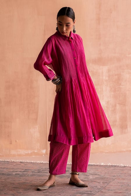 Shop_Swatti Kapoor_Pink 40gm Chanderi Printed And Hand Embroidered Floral Mayur Shirt  _Online_at_Aza_Fashions