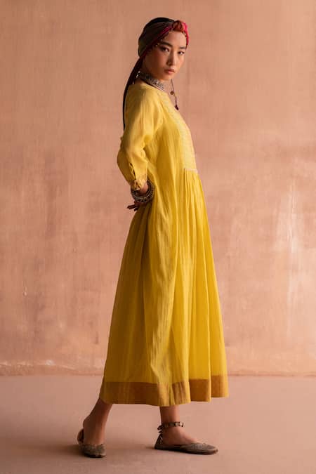 Swatti Kapoor Yellow 40gm Chanderi Printed And Hand Embroidered Nitya Yoke Tunic at Aza Fashions Swatti Kapoor_Yellow 40gm Chanderi Printed And Hand Embroidered Nitya Yoke Tunic _at_Aza_Fashions