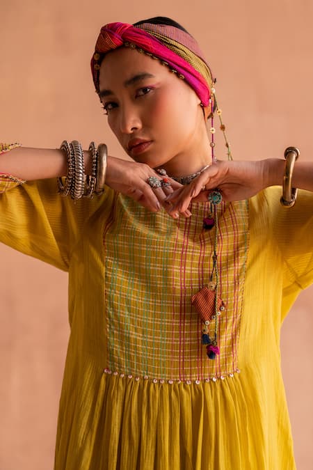 Shop Swatti Kapoor Yellow 40gm Chanderi Printed And Hand Embroidered Nitya Yoke Tunic Shop_Swatti Kapoor_Yellow 40gm Chanderi Printed And Hand Embroidered Nitya Yoke Tunic