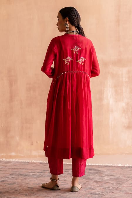 Shop Swatti Kapoor Red 40gm Chanderi Printed And Embroidered Abstract Block Prema Shirt at Aza Fashions Shop_Swatti Kapoor_Red 40gm Chanderi Printed And Embroidered Abstract Block Prema Shirt _at_Aza_Fashions