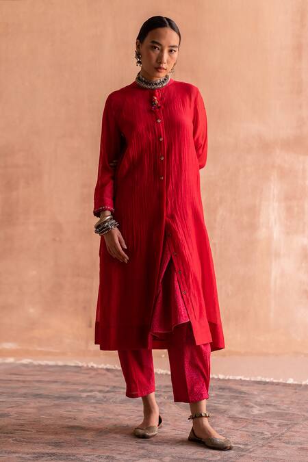 Shop Swatti Kapoor Red 40gm Chanderi Printed And Embroidered Abstract Block Prema Shirt Online at Aza Fashions Shop_Swatti Kapoor_Red 40gm Chanderi Printed And Embroidered Abstract Block Prema Shirt _Online_at_Aza_Fashions