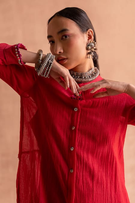 Swatti Kapoor Red 40gm Chanderi Printed And Embroidered Abstract Block Prema Shirt at Aza Fashions Swatti Kapoor_Red 40gm Chanderi Printed And Embroidered Abstract Block Prema Shirt _at_Aza_Fashions