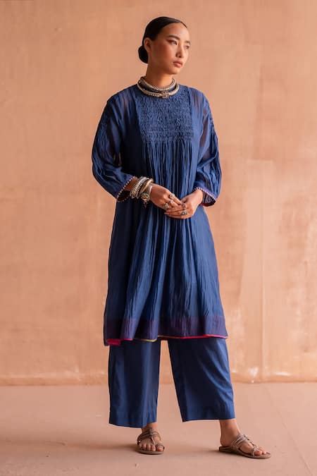 Swatti Kapoor Blue 40gm Chanderi Hand Embroidered Sequin And Bead Work Radhika Smocked Yoke 
