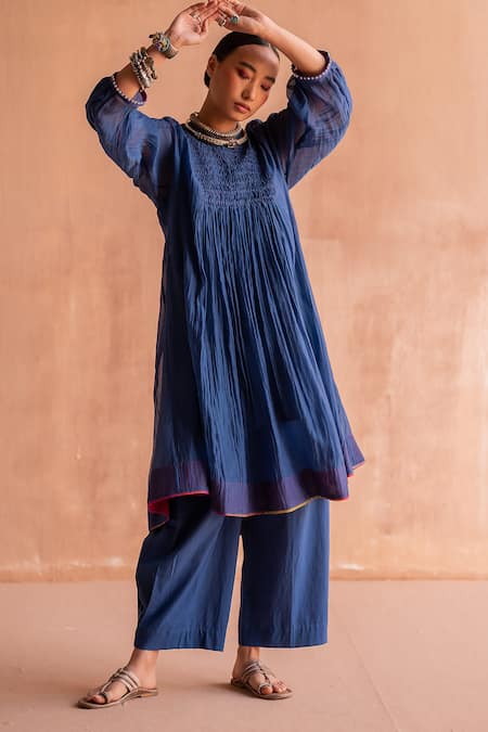 Swatti Kapoor Blue Chanderi Embroidery Round Neck Radhika Smocked Yoke Tunic Online at Aza Fashions Swatti Kapoor_Blue Chanderi Embroidery Round Neck Radhika Smocked Yoke Tunic _Online_at_Aza_Fashions