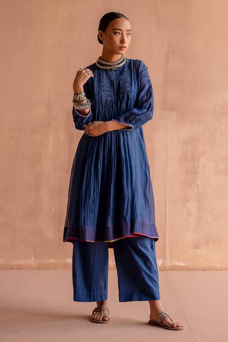 Buy Swatti Kapoor Blue Chanderi Embroidery Round Neck Radhika Smocked Yoke Tunic Online at Aza Fashions Buy_Swatti Kapoor_Blue Chanderi Embroidery Round Neck Radhika Smocked Yoke Tunic _Online_at_Aza_Fashions