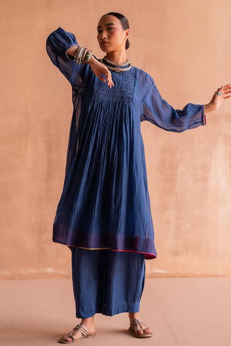 Shop Swatti Kapoor Blue Chanderi Embroidery Round Neck Radhika Smocked Yoke Tunic Online at Aza Fashions Shop_Swatti Kapoor_Blue Chanderi Embroidery Round Neck Radhika Smocked Yoke Tunic _Online_at_Aza_Fashions