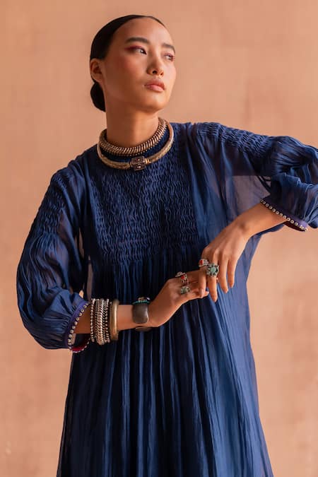 Swatti Kapoor Blue Chanderi Embroidery Round Neck Radhika Smocked Yoke Tunic at Aza Fashions Swatti Kapoor_Blue Chanderi Embroidery Round Neck Radhika Smocked Yoke Tunic _at_Aza_Fashions