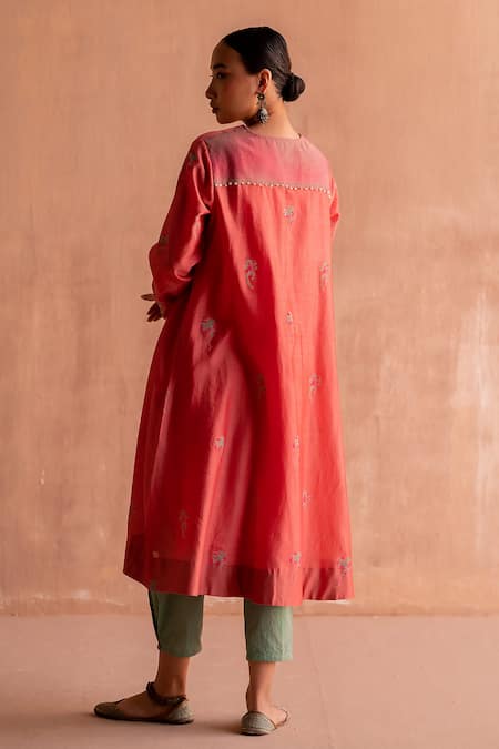 Shop Swatti Kapoor Coral 60gm Chanderi Printed And Embroidered Abstract Rakhi Kurta at Aza Fashions Shop_Swatti Kapoor_Coral 60gm Chanderi Printed And Embroidered Abstract Rakhi Kurta _at_Aza_Fashions