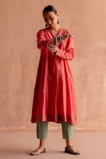 Buy Swatti Kapoor Coral 60gm Chanderi Printed And Embroidered Abstract Rakhi Kurta Online at Aza Fashions Buy_Swatti Kapoor_Coral 60gm Chanderi Printed And Embroidered Abstract Rakhi Kurta _Online_at_Aza_Fashions