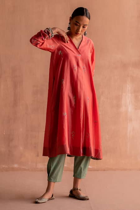Shop Swatti Kapoor Coral 60gm Chanderi Printed And Embroidered Abstract Rakhi Kurta Online at Aza Fashions Shop_Swatti Kapoor_Coral 60gm Chanderi Printed And Embroidered Abstract Rakhi Kurta _Online_at_Aza_Fashions
