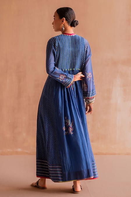 Shop Swatti Kapoor Blue 40gm Chanderi Hand Block Printed Polka Pleated Bead Embroidered Anarkali at Aza Fashions Shop_Swatti Kapoor_Blue 40gm Chanderi Hand Block Printed Polka Pleated Bead Embroidered Anarkali _at_Aza_Fashions