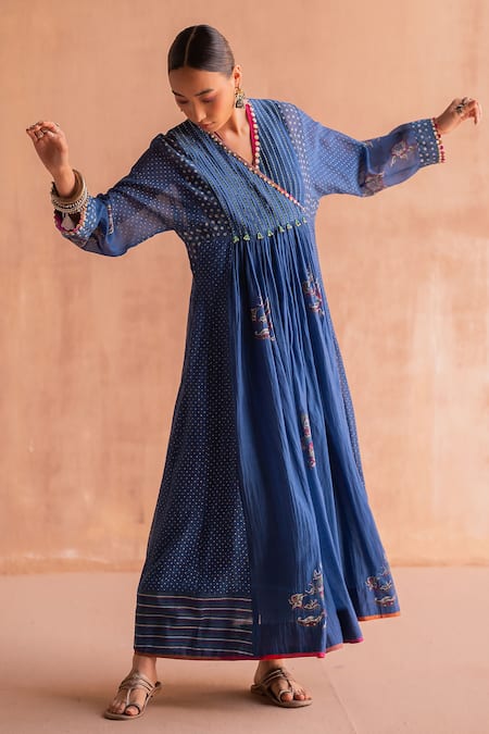Swatti Kapoor Blue 40gm Chanderi Hand Block Printed Polka Pleated Bead Embroidered Anarkali Online at Aza Fashions Swatti Kapoor_Blue 40gm Chanderi Hand Block Printed Polka Pleated Bead Embroidered Anarkali _Online_at_Aza_Fashions