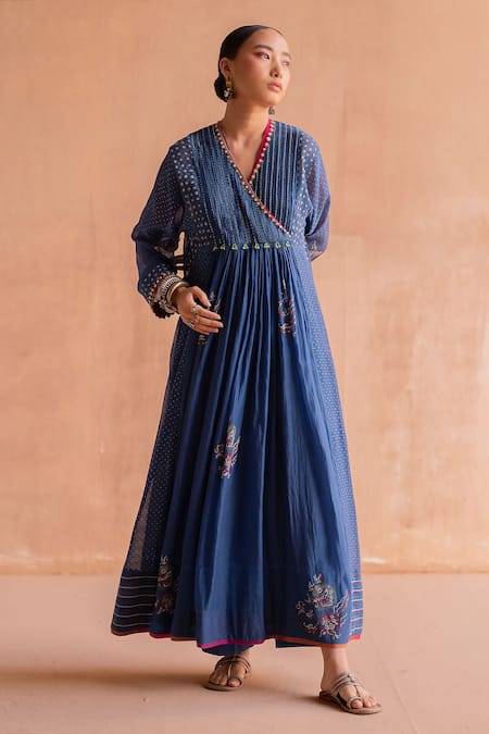 Buy Swatti Kapoor Blue 40gm Chanderi Hand Block Printed Polka Pleated Bead Embroidered Anarkali Online at Aza Fashions Buy_Swatti Kapoor_Blue 40gm Chanderi Hand Block Printed Polka Pleated Bead Embroidered Anarkali _Online_at_Aza_Fashions