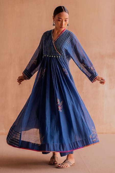 Shop Swatti Kapoor Blue 40gm Chanderi Hand Block Printed Polka Pleated Bead Embroidered Anarkali Online at Aza Fashions Shop_Swatti Kapoor_Blue 40gm Chanderi Hand Block Printed Polka Pleated Bead Embroidered Anarkali _Online_at_Aza_Fashions