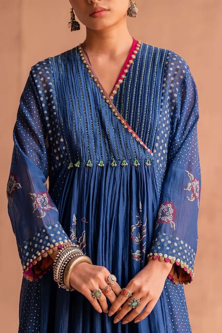 Swatti Kapoor Blue 40gm Chanderi Hand Block Printed Polka Pleated Bead Embroidered Anarkali at Aza Fashions Swatti Kapoor_Blue 40gm Chanderi Hand Block Printed Polka Pleated Bead Embroidered Anarkali _at_Aza_Fashions