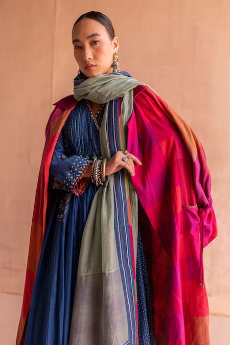 Swatti Kapoor_Pink Cotton, Silk Open Neck Revati Checkered Hand Block Print Trench Coat _Online_at_Aza_Fashions