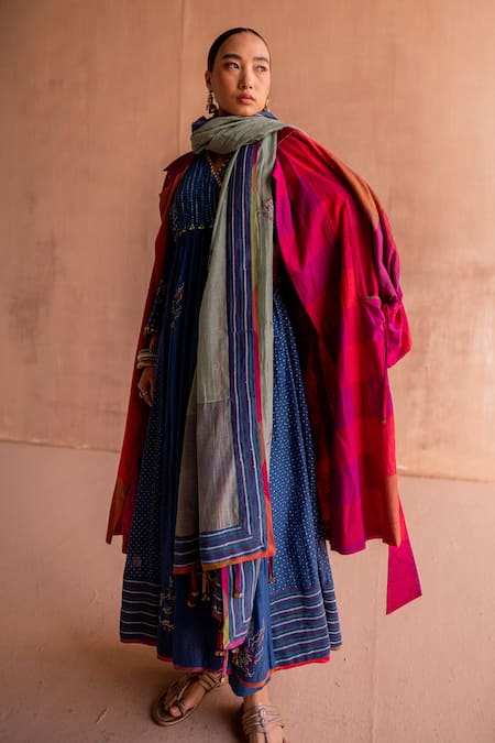 Buy_Swatti Kapoor_Pink Cotton, Silk Open Neck Revati Checkered Hand Block Print Trench Coat _Online_at_Aza_Fashions