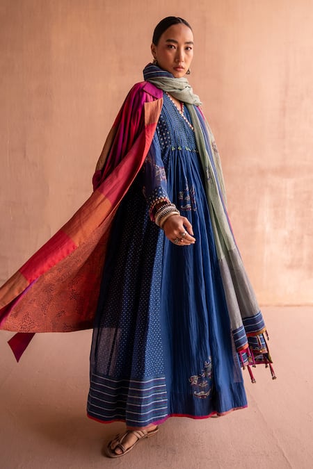 Shop_Swatti Kapoor_Pink Cotton, Silk Open Neck Revati Checkered Hand Block Print Trench Coat _Online_at_Aza_Fashions