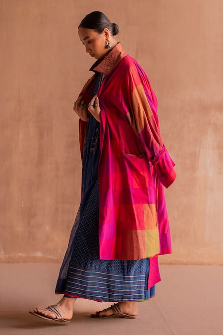 Buy_Swatti Kapoor_Pink Cotton, Silk Open Neck Revati Checkered Hand Block Print Trench Coat 
