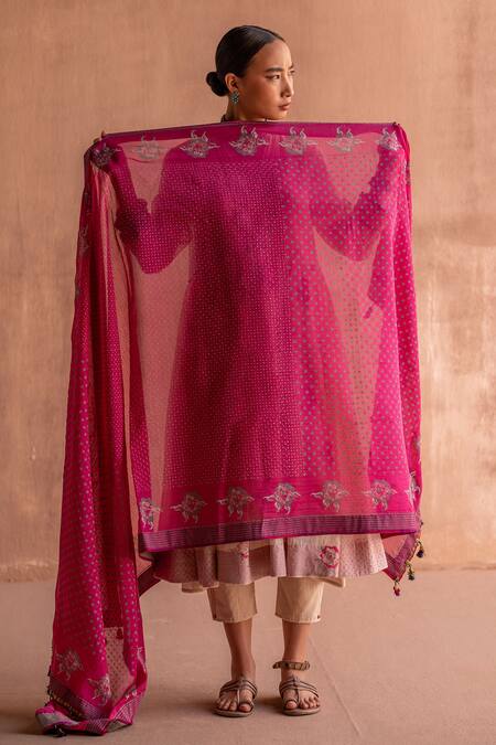 Swatti Kapoor_Pink Hand Block Printed Polka Dots Floral Tassel Dupatta _Online_at_Aza_Fashions