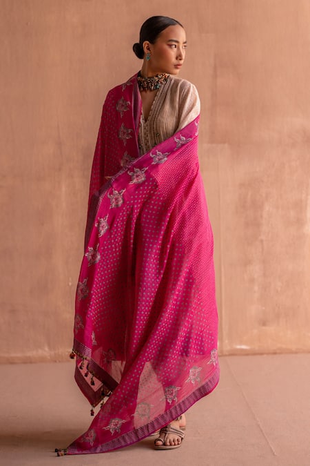 Buy_Swatti Kapoor_Pink Hand Block Printed Polka Dots Floral Tassel Dupatta _Online_at_Aza_Fashions