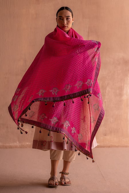 Shop_Swatti Kapoor_Pink Hand Block Printed Polka Dots Floral Tassel Dupatta _Online_at_Aza_Fashions
