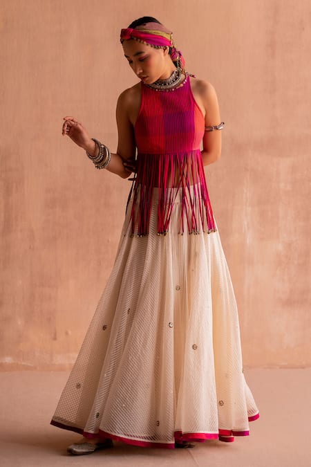 Buy_Swatti Kapoor_Pink Cotton, Handloom Cotton, Silk Beads Round Neck Sham Quilted Top _Online_at_Aza_Fashions