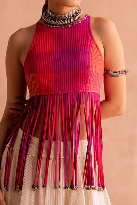 Shop_Swatti Kapoor_Pink Cotton, Handloom Cotton, Silk Beads Round Neck Sham Quilted Top _Online_at_Aza_Fashions