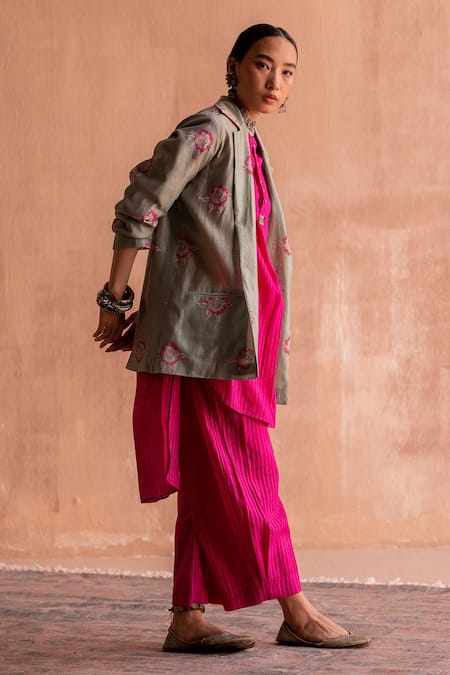 Shop_Swatti Kapoor_Green Chanderi, Cotton Embroidery Collared Suri Floral Hand Block Print Jacket _Online_at_Aza_Fashions