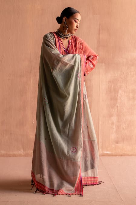 Shop Swatti Kapoor Green Chanderi Beads Tulsi Hand Block Printed Dupatta at Aza Fashions Shop_Swatti Kapoor_Green Chanderi Beads Tulsi Hand Block Printed Dupatta _at_Aza_Fashions