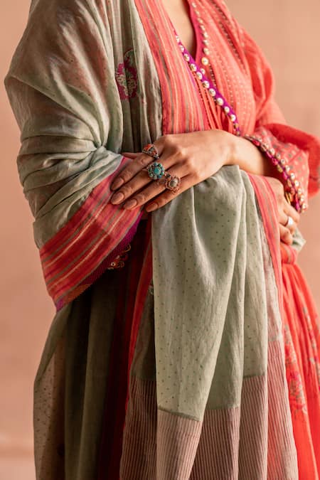 Swatti Kapoor Green Chanderi Beads Tulsi Hand Block Printed Dupatta at Aza Fashions Swatti Kapoor_Green Chanderi Beads Tulsi Hand Block Printed Dupatta _at_Aza_Fashions