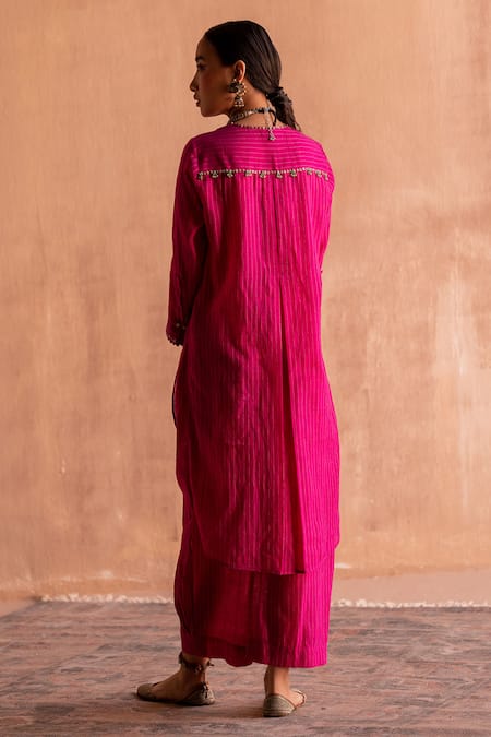 Shop_Swatti Kapoor_Pink , Handloom Beads Round Neck Handwoven Stripe Kurta _at_Aza_Fashions