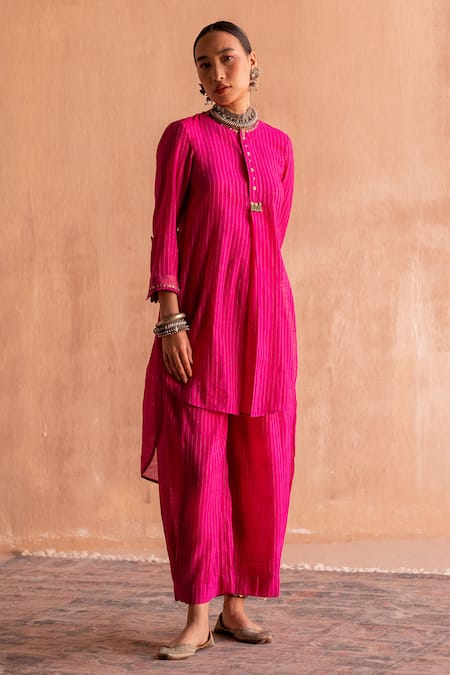 Swatti Kapoor_Pink , Handloom Beads Round Neck Handwoven Stripe Kurta _Online_at_Aza_Fashions
