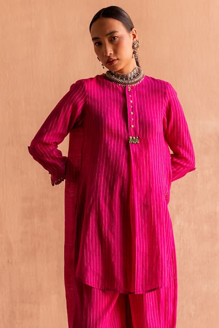 Buy_Swatti Kapoor_Pink , Handloom Beads Round Neck Handwoven Stripe Kurta _Online_at_Aza_Fashions