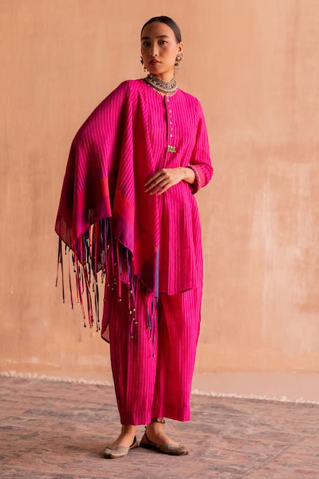 Shop_Swatti Kapoor_Pink , Handloom Beads Round Neck Handwoven Stripe Kurta _Online_at_Aza_Fashions