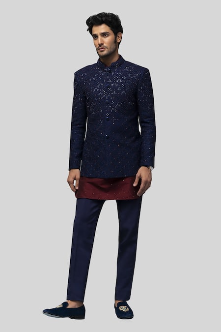 Asuka_Blue Chanderi Silk Beads, Sequins, Mirrors Embroidered Bandhgala Set _Online_at_Aza_Fashions