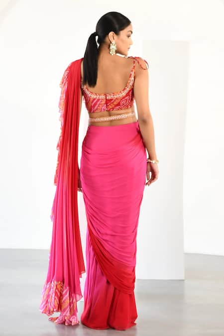 K-Anshika Red Georgette Printed Bandhani Scoop Colorblock Pre-draped Saree With Blouse Online at Aza Fashions K-Anshika_Red Georgette Printed Bandhani Scoop Colorblock Pre-draped Saree With Blouse _Online_at_Aza_Fashions