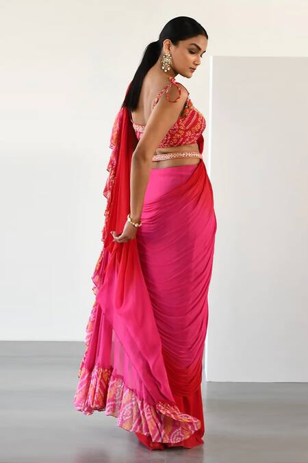 Buy K-Anshika Red Georgette Printed Bandhani Scoop Colorblock Pre-draped Saree With Blouse Online at Aza Fashions Buy_K-Anshika_Red Georgette Printed Bandhani Scoop Colorblock Pre-draped Saree With Blouse _Online_at_Aza_Fashions