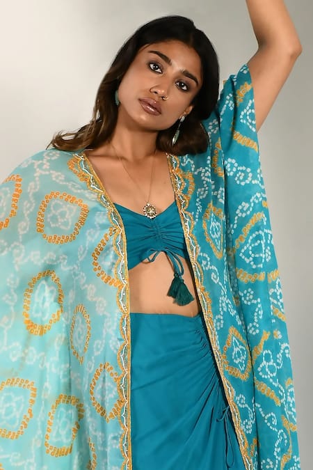 K-Anshika_Blue Georgette Printed Bandhani Open Jacket Skirt Set _Online_at_Aza_Fashions