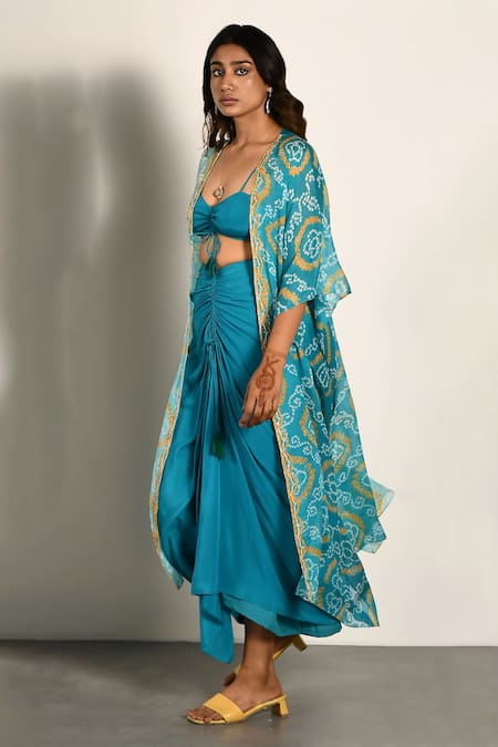 Buy_K-Anshika_Blue Georgette Printed Bandhani Open Jacket Skirt Set _Online_at_Aza_Fashions