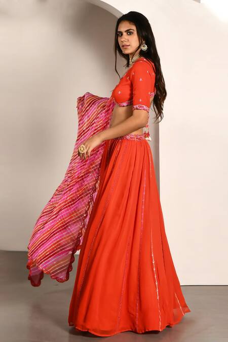 K-Anshika_Orange Georgette Embroidery Thread V Neck Stripe Lehenga Set _Online_at_Aza_Fashions