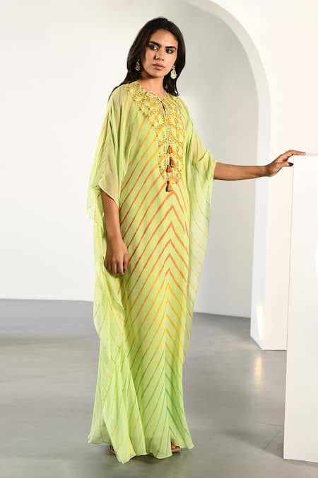 Buy_K-Anshika_Green Georgette Tassels Keyhole Neck Chevron Print Kaftan _Online_at_Aza_Fashions