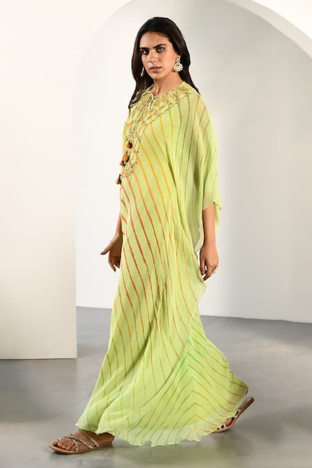 Shop_K-Anshika_Green Georgette Tassels Keyhole Neck Chevron Print Kaftan _Online_at_Aza_Fashions