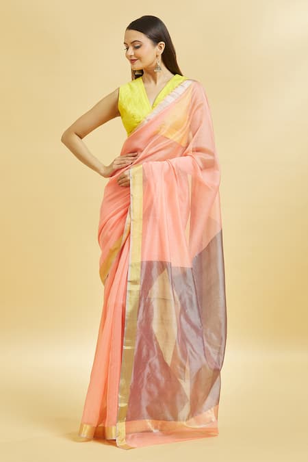 Mint N Oranges Handwoven Chanderi Saree With Blouse Piece 