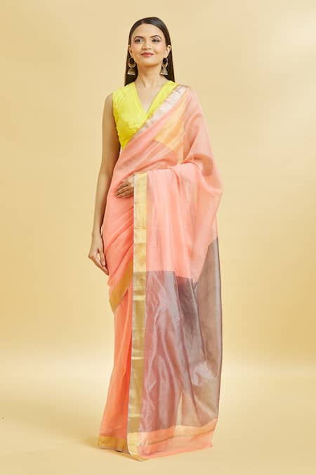 Mint N Oranges_Peach Chanderi, Silk V-neck Handwoven Saree With Blouse Piece _at_Aza_Fashions