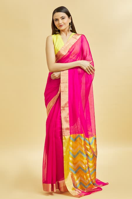 Buy_Mint N Oranges_Pink Chanderi, Silk V-neck Handwoven Saree With Blouse Piece _Online_at_Aza_Fashions