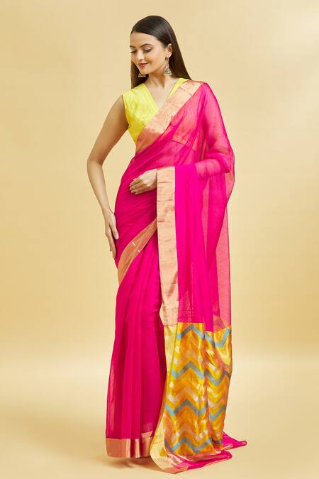 Shop_Mint N Oranges_Pink Chanderi, Silk V-neck Handwoven Saree With Blouse Piece _Online_at_Aza_Fashions
