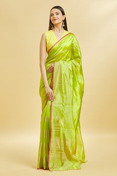 Mint N Oranges_Green Chanderi , Zari V-neck Saree With Blouse Piece _Online_at_Aza_Fashions